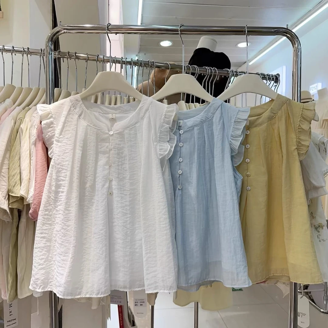 夏季白色法式荷叶边宽松显瘦洋气无袖娃娃衫上衣女减龄甜美衬衫