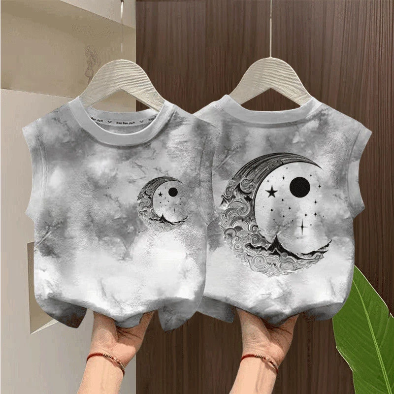 夏季新款扎染螺纹纯棉T恤无袖儿童宝宝外穿百搭卡通月亮湾上衣潮t