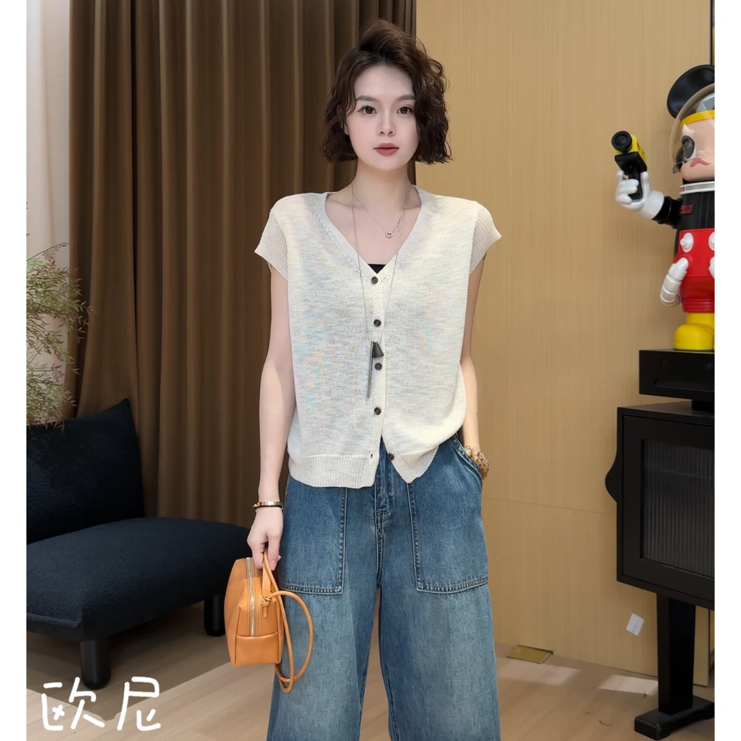 欧尼私服 2025夏款极简百搭三色V领夏季薄款针织衫2506C3687
