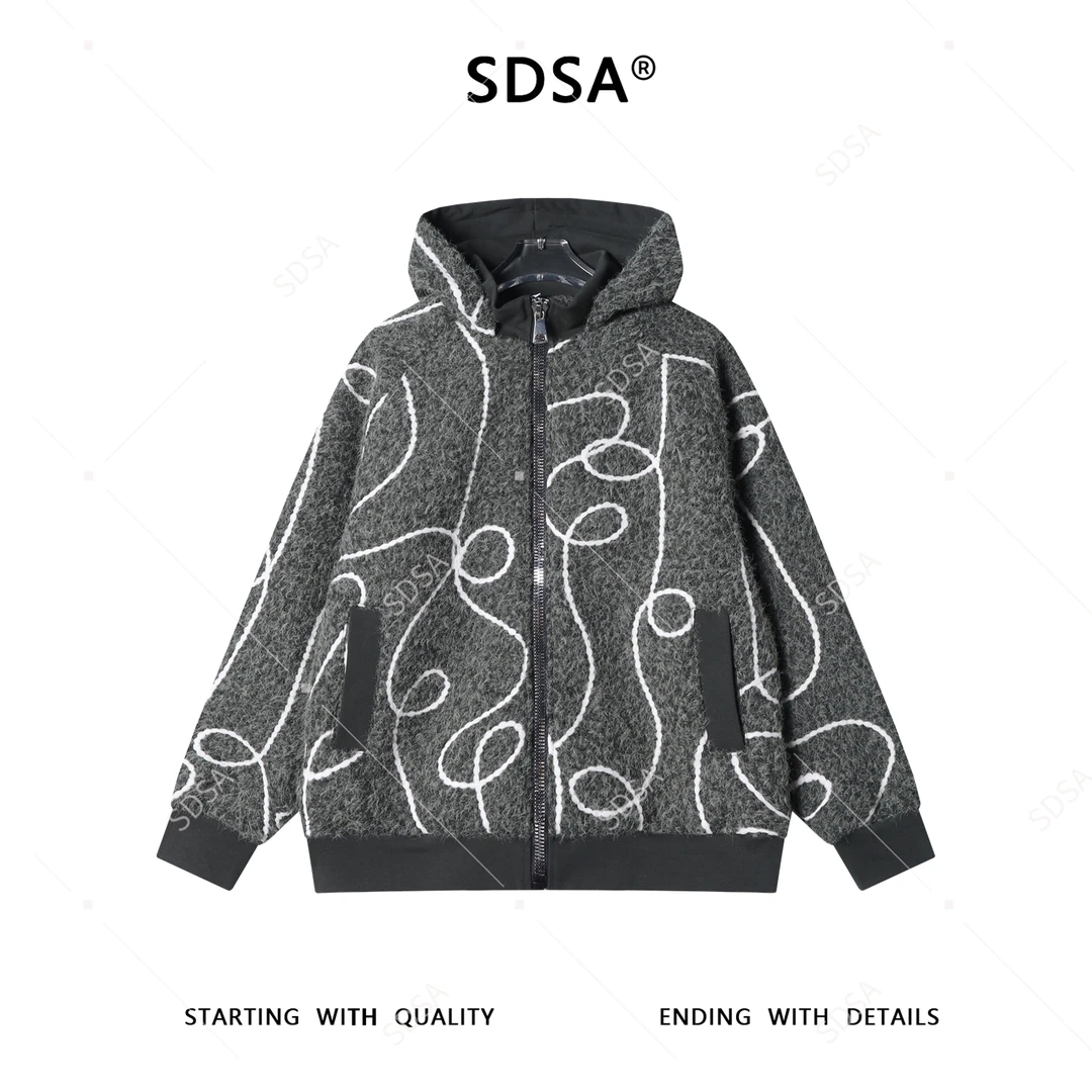 SDSA男士秋冬新款痞帅男装潮牌撞色凌乱线条拉链立领连帽卫衣百搭