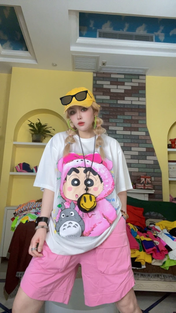 夏季印花卡通吸汗毛绒小新大图案个性休闲宽松圆领T恤