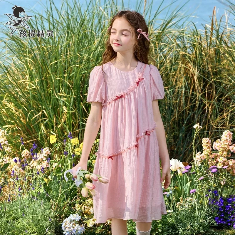 女童粉色蝴蝶结连衣裙25新款夏季洋气中大童高级连衣裙1034