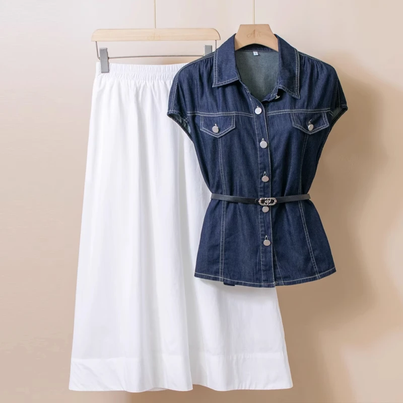 拉夏贝尔时尚百搭套装女2025年夏季新款无袖牛仔上衣半身裙两件套