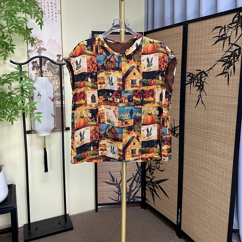 【罗马假日】新中式短袖气质休闲时尚夏季百搭无袖T恤桑蚕丝