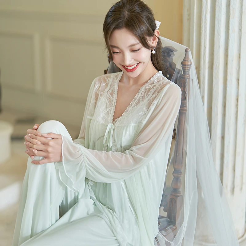 睡裙女士性感蕾丝薄款睡衣长裤家居服俩件套装带胸垫长款裙子长袖