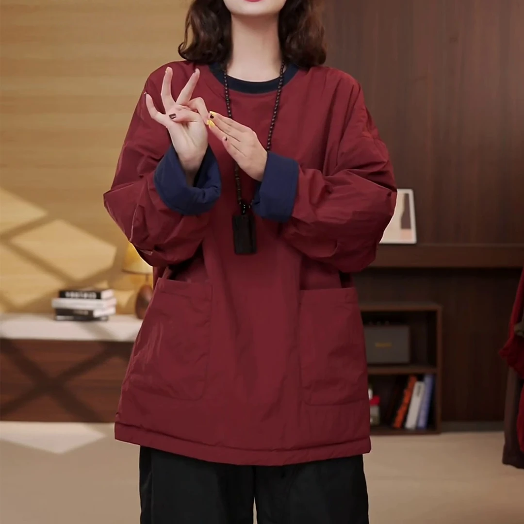 2025秋冬新款中长款圆领双面穿外套时尚宽松显瘦加厚保暖撞色棉服