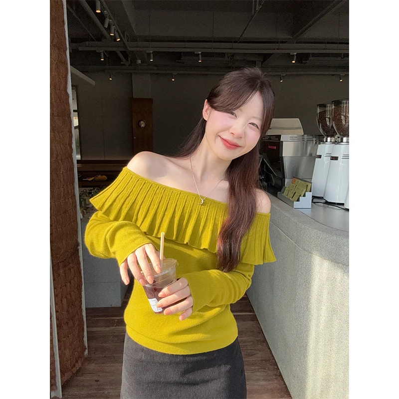 【海岛假日】设计感一字肩荷叶边针织衫休闲绝美修身长袖上衣G9-52