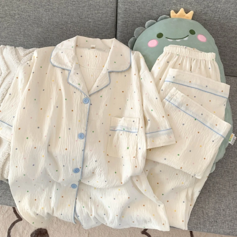 【链接有胸垫版可选】波点睡衣女短袖三件套夏季简约高级家居服套装
