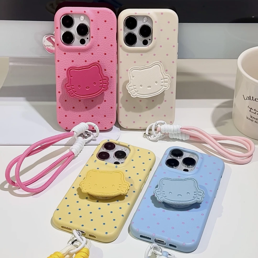 新款皮革波点Kitty适用iPhone16苹果13/15手机壳14promax挂绳12女
