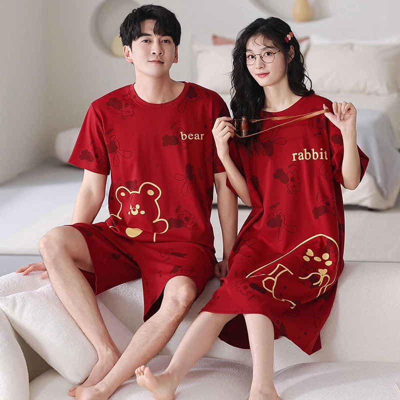 大红夏季情侣睡衣睡裙纯棉短袖结婚新婚套装一男一女夏天薄家居服
