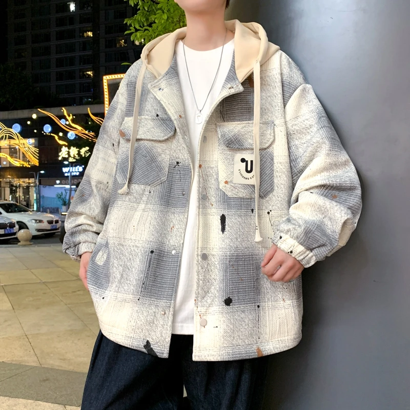春秋季连帽拼接格子夹克外套青少年潮男学生帅气宽松休闲潮男外套
