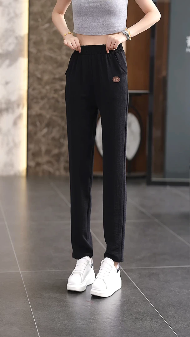 2025夏季冰丝邹高腰显瘦百搭休闲裤薄款宽松九分女小脚大码哈伦裤