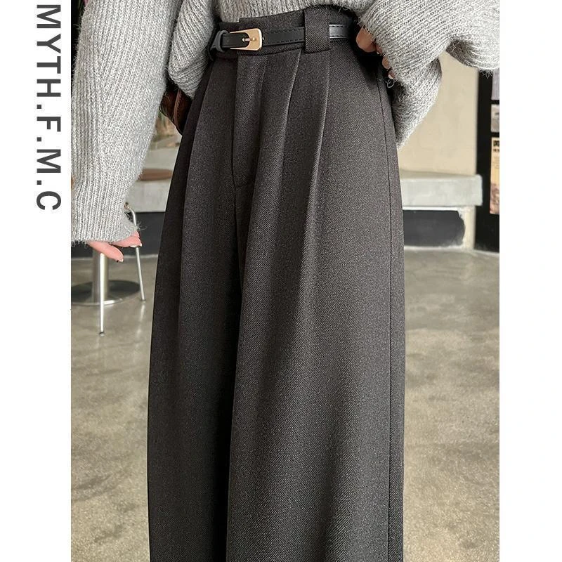 黑色高级感毛呢西装裤子女秋冬季2024新款高腰宽松直筒毛呢阔腿裤