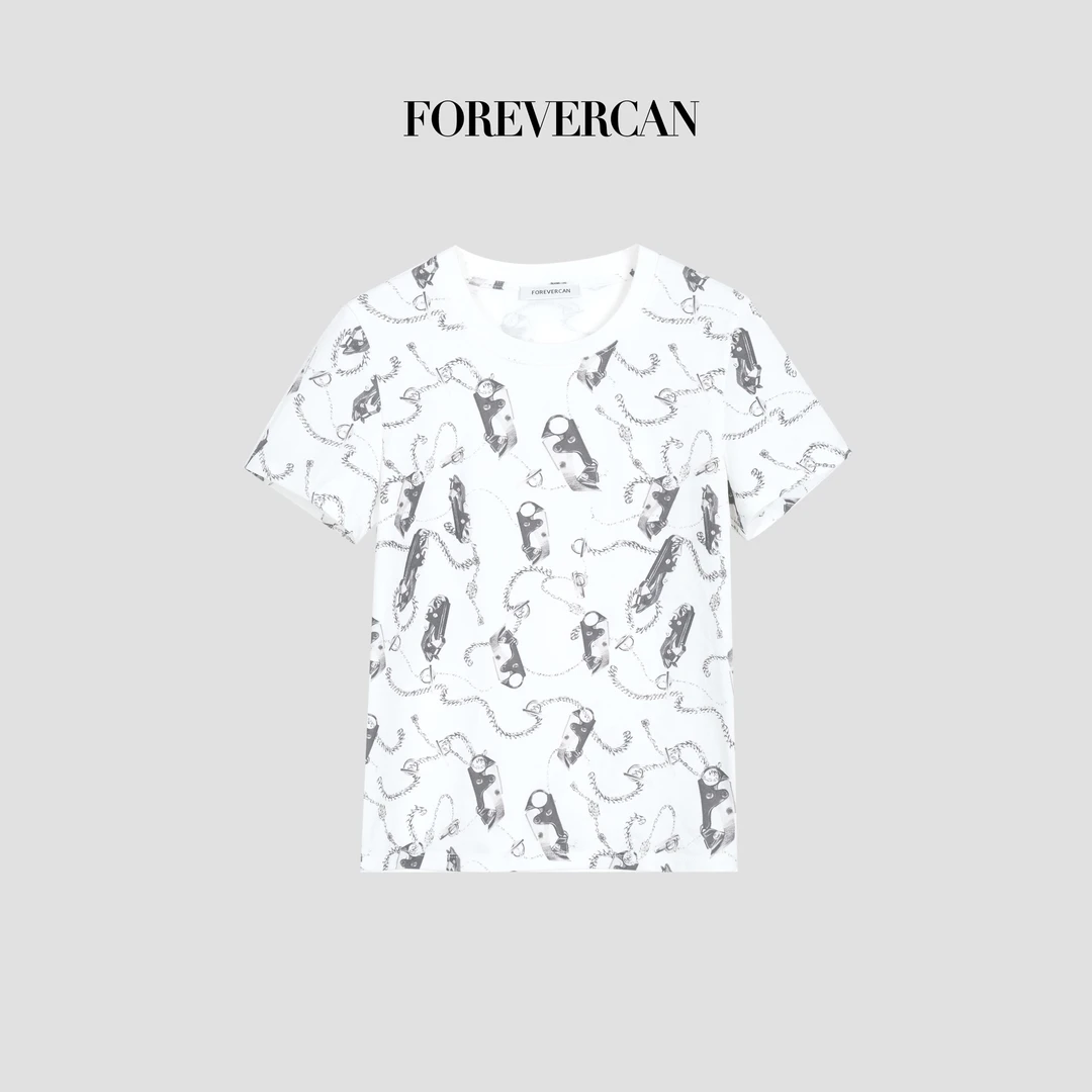 FOREVERCAN“旧巴黎”复古极繁满印百搭圆领短袖T恤 ST23432