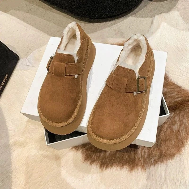 啄木鸟厚底勃肯鞋女加绒加厚雪地靴冬季女鞋皮毛一体博肯大棉鞋