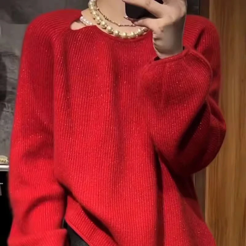 红色圆领毛衣女秋冬独特别致超好看慵懒风宽松休闲显瘦针织衫上衣