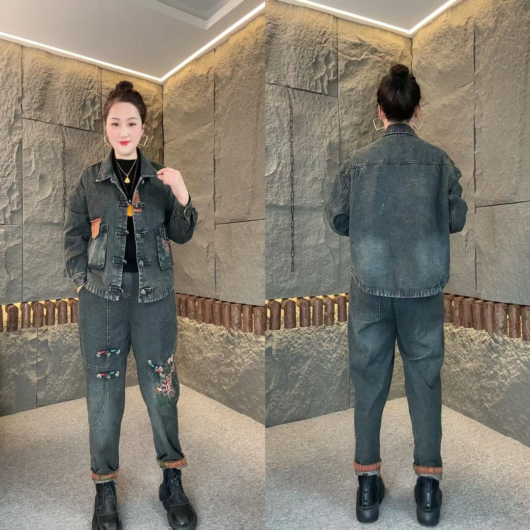 2025春季新款盘扣绣花复古休闲百搭宽松减龄显瘦牛仔套装