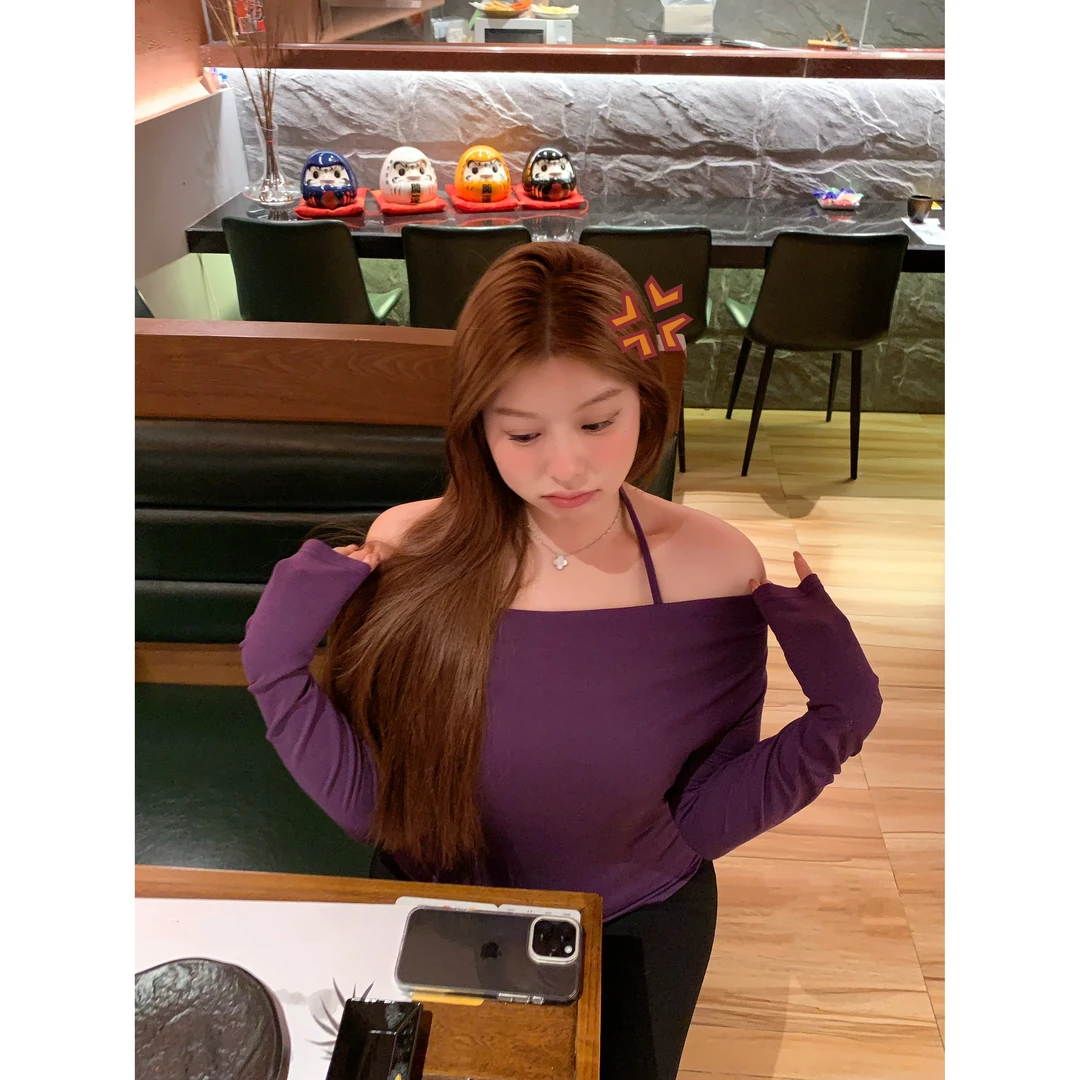 椿日栗 挂脖假两件长袖T恤女纯欲风荡领秋冬打底衫性感气质上衣