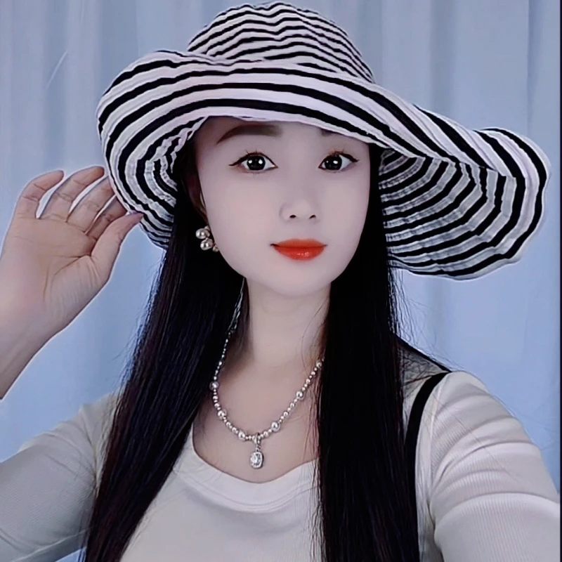 夏季新款条纹圆顶遮阳帽可折叠防晒帽日系百搭盆帽大帽檐太阳帽潮