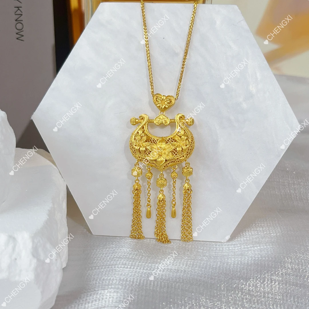 坠链均足银 足银镀金【牵喜百合花锁包】婚嫁系列百合花中式流苏