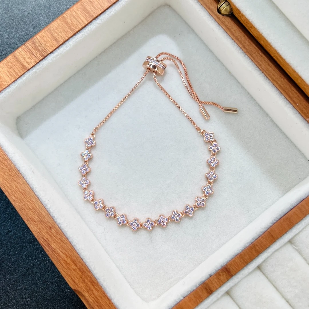 铜合金合成锆石手链 SL-172微镶锆石时尚四叶花个性抽拉手链