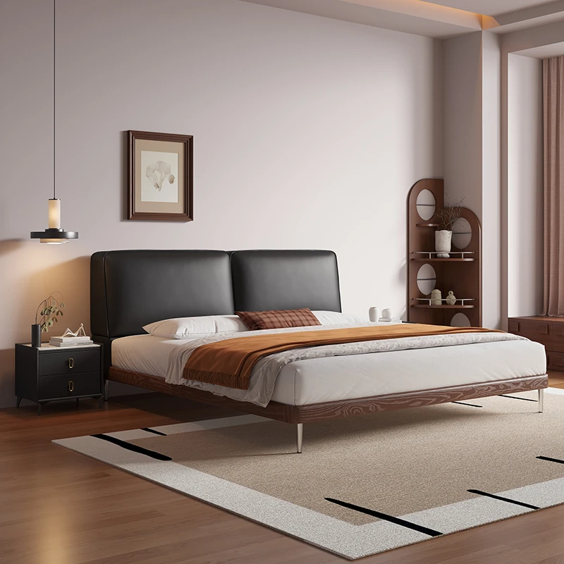 中古风白蜡木大黑牛真皮复古意式极简黑色简约悬浮齐中古风床