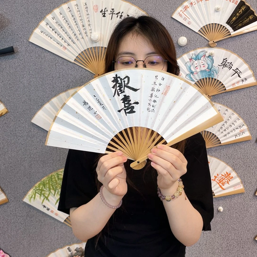 书法6寸玉竹-纯手绘-文玩扇骨（默认粘好）