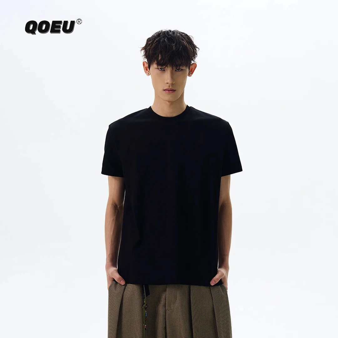 QOEU凉感面料cleanfit纯色短袖T恤夏季男女boxy短款剪裁正肩上衣