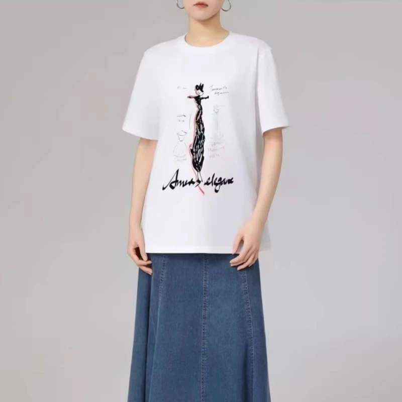 商场专柜女装春夏新款涂鸦休闲宽松百搭印花圆领短袖T恤530092