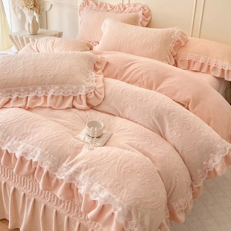 床盖款法式雕花花边款加厚牛奶绒四件套床上用品被套加绒双面绒