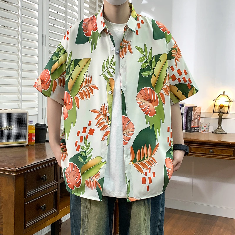 冰丝凉感衬衫短袖男夏季潮牌速干薄款夏威夷风沙滩花衬衫半袖上衣