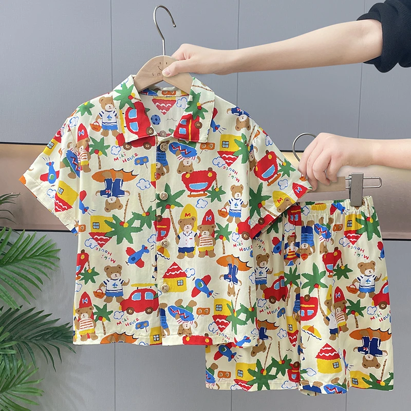 【新款绵绸】夏季绵绸韩版睡衣男童短袖短裤套装薄款透气夏季睡衣