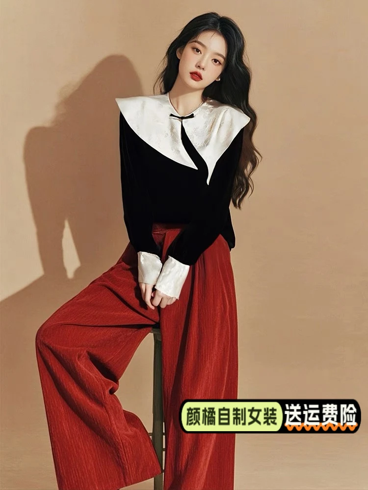 今年流行的新中式国风黑色撞色盘扣丝绒衬衫时尚阔腿裤高级感套装