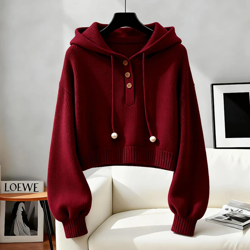 小众别致红色连帽抽绳纯色卫衣秋季韩系慵懒风时尚洋气舒适打底衫