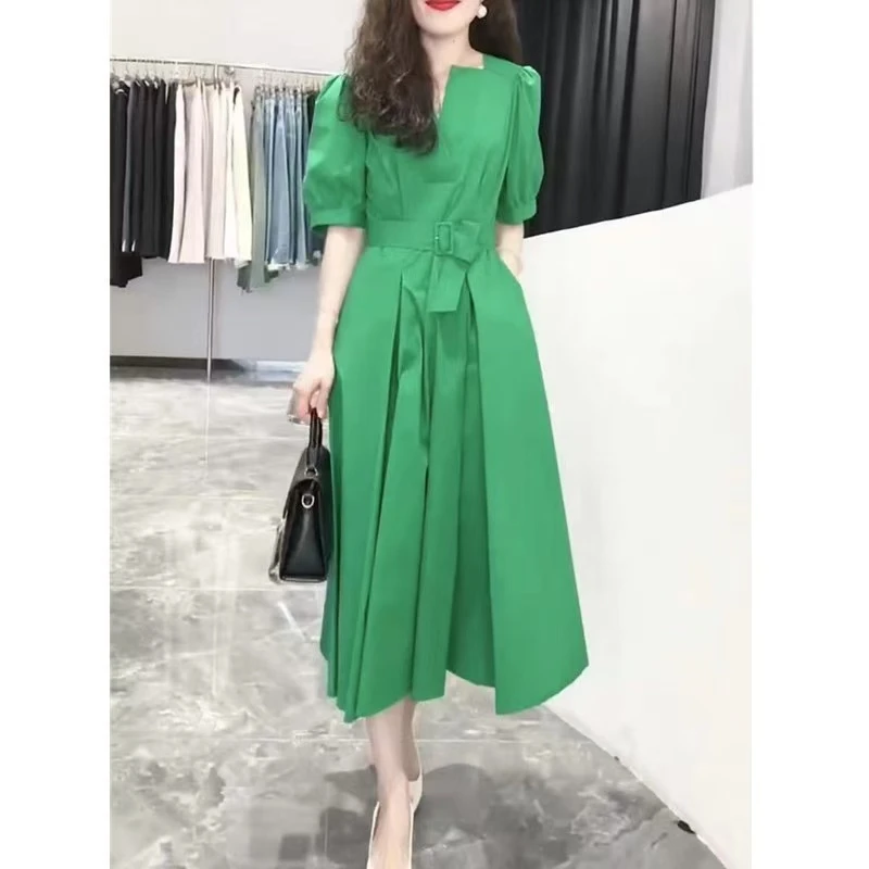 夏季新款V领显瘦纯色高腰中长款连衣裙2