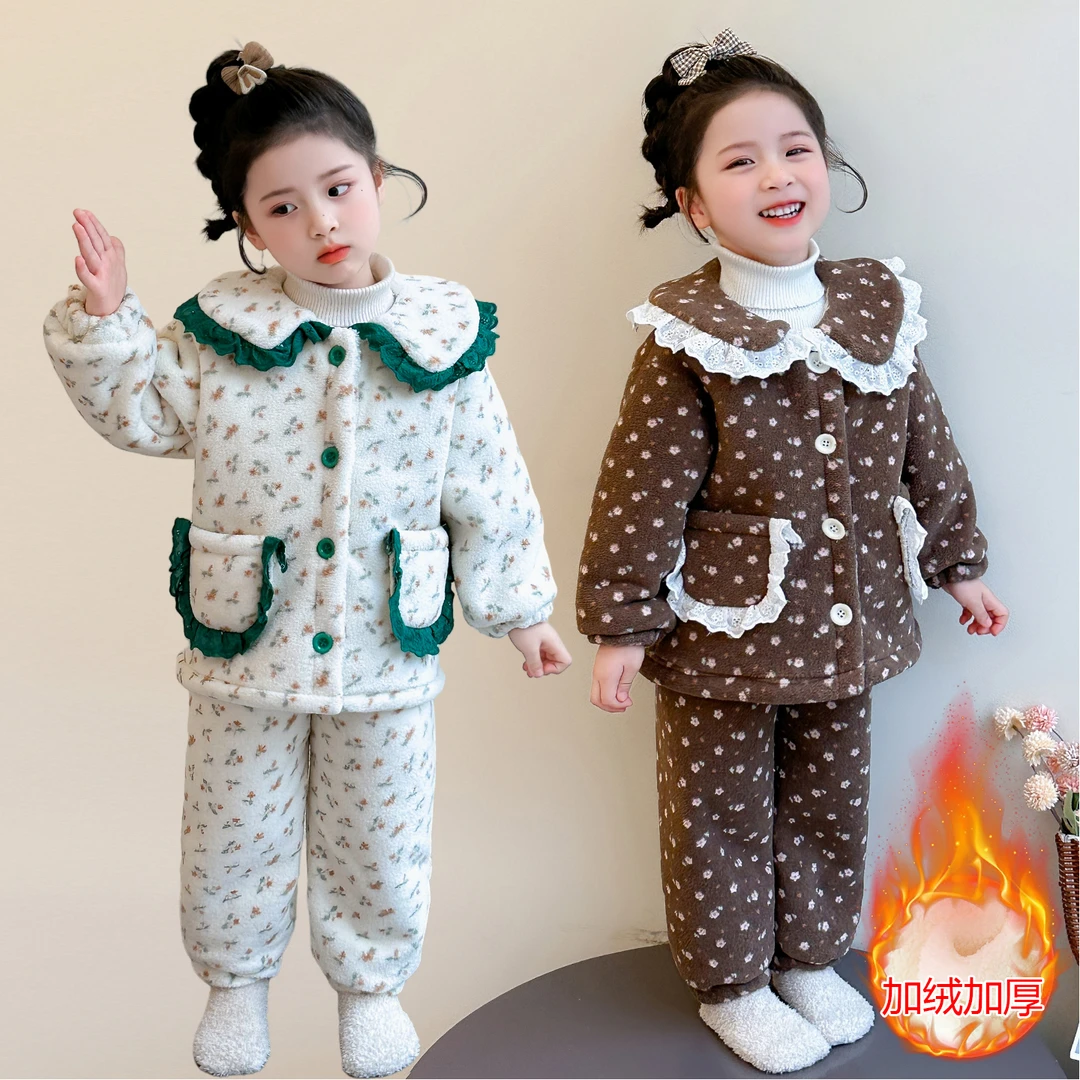 女宝宝冬款双层加厚套装儿童珊瑚绒家居服女童睡衣冬季法兰绒开衫