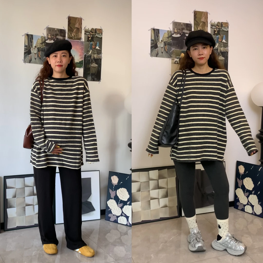 梨形身材穿的孕妇装秋冬季磨毛条纹撞色圆领中长款遮孕肚T恤上衣