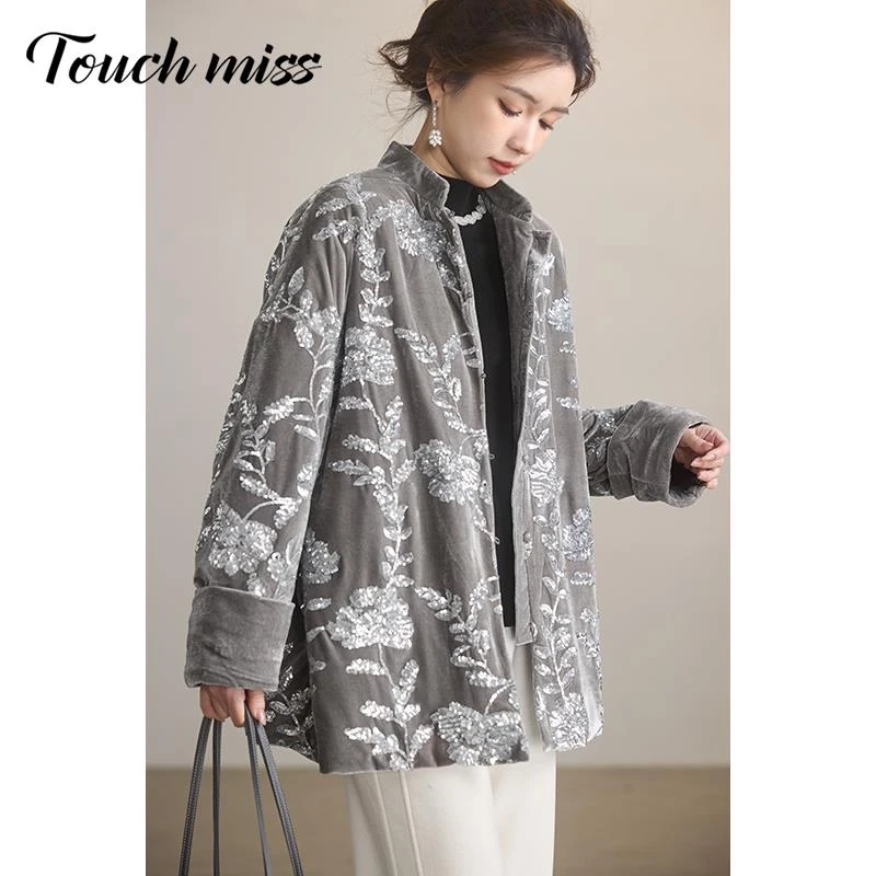 TOUCH MISS时尚珠片刺绣棉服女2024年冬季新款宽松外套休闲百搭