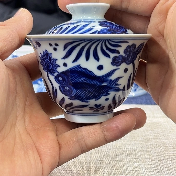 瓷盖碗青花鱼藻纹盖碗