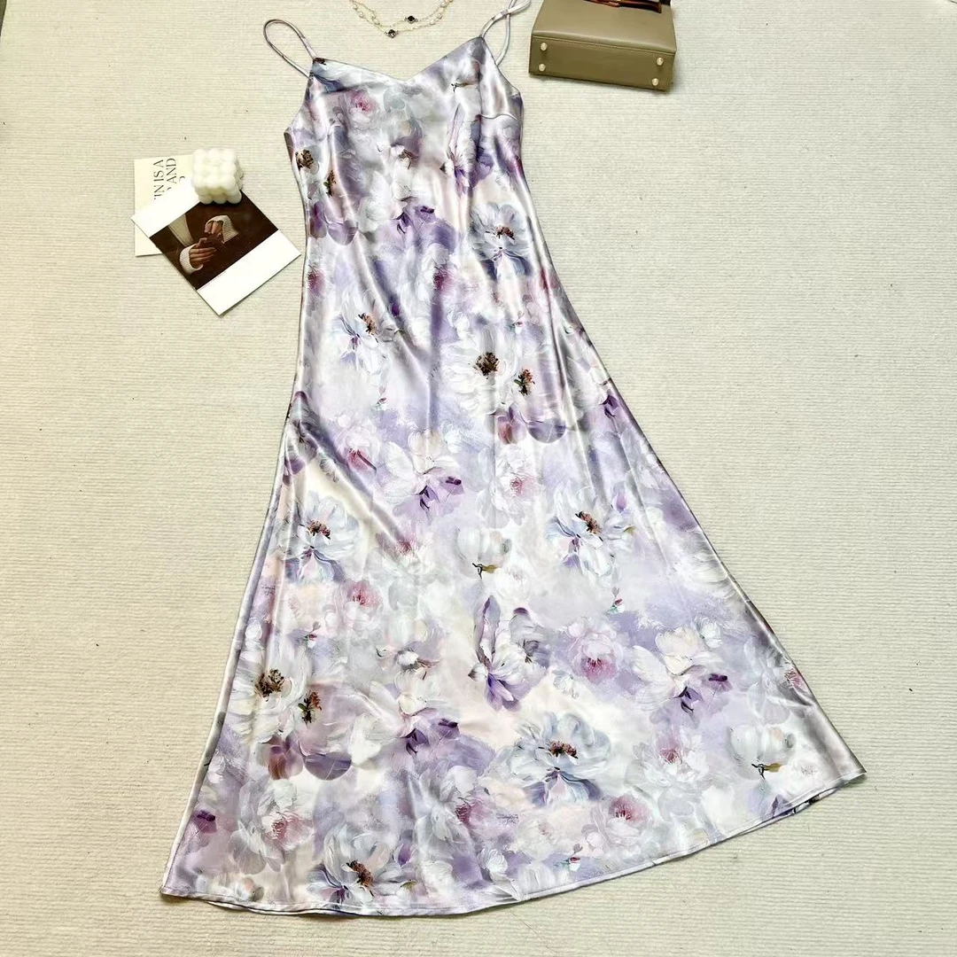 【小黑家】长115高端醋酸丝滑凉快印花斜裁鱼尾法式吊带连衣裙