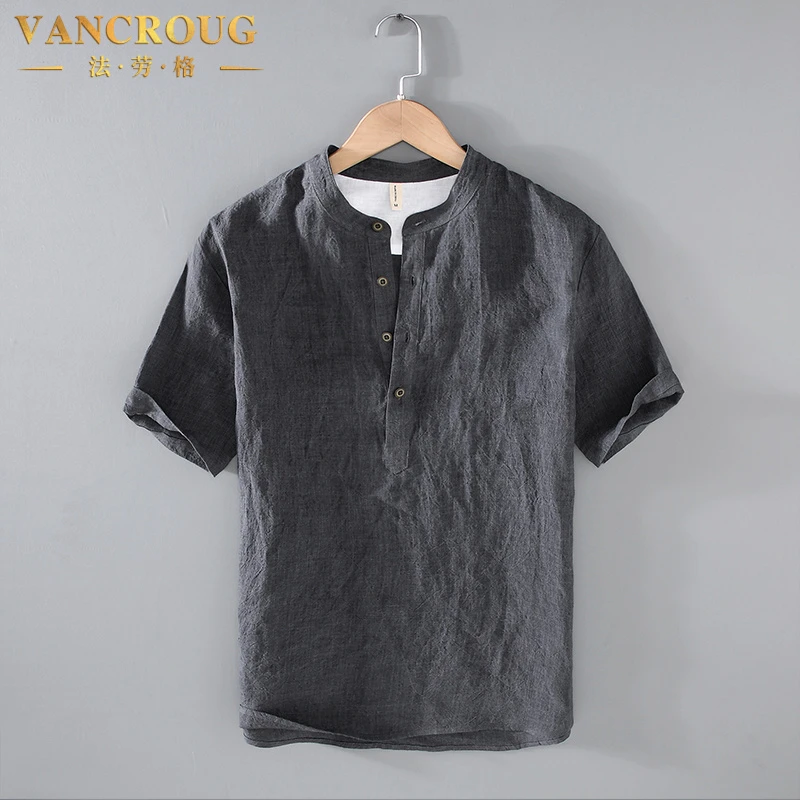 VANCROUG/法劳格短袖衬衫男士夏季中式国风宽松复古薄款文艺上衣