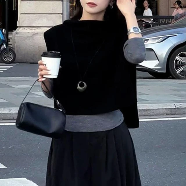 一整套入秋穿搭韩系设计感色无袖马甲女修身显瘦百搭打底衫上衣