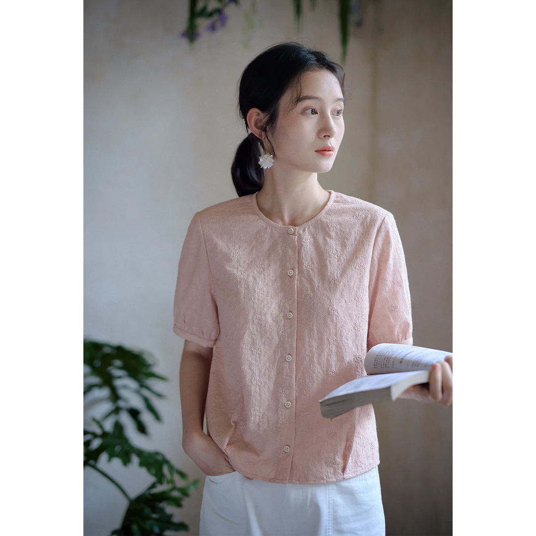 红念粉色纯棉刺绣衬衫女短袖宽松设计感夏季2025新款女装气质上衣