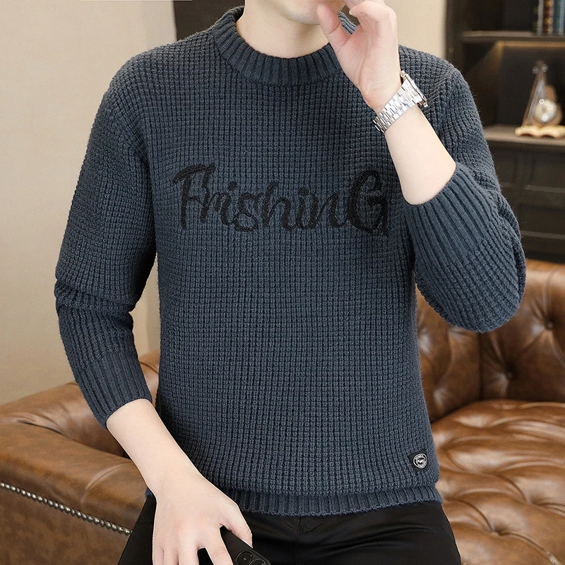 高档秋冬新款圆领印花毛衣男士时尚潮流针织打底衫轻奢男装8902
