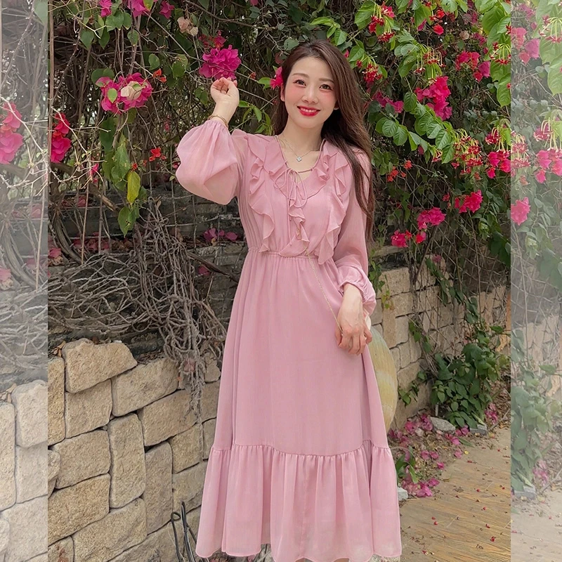 壹壹【温柔公式】荷叶边连衣裙法式复古收腰长裙 2303D02