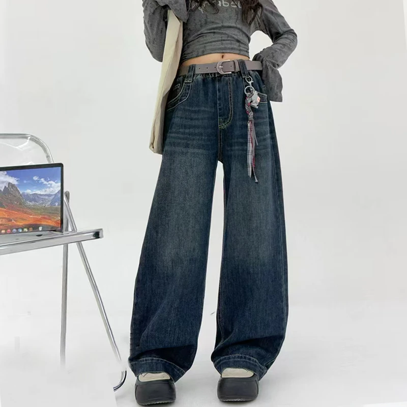 青少年早秋牛仔裤2025新款拖地宽松美式女大童潮流洋气百搭长裤子