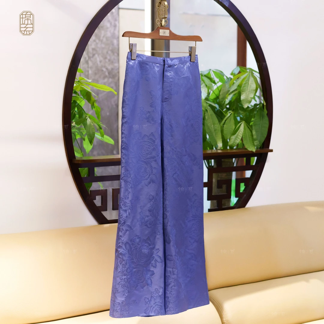 【锦系~新款】丝毛提花新中式国风桑蚕丝后松紧腰阔腿裤-K-382560