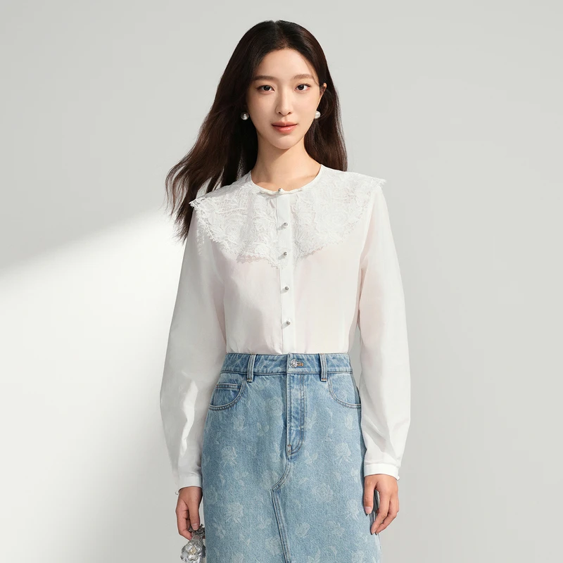 【陈大可专享】DOUBLOVE浪漫新中式蕾丝云肩白衬衫含桑蚕丝