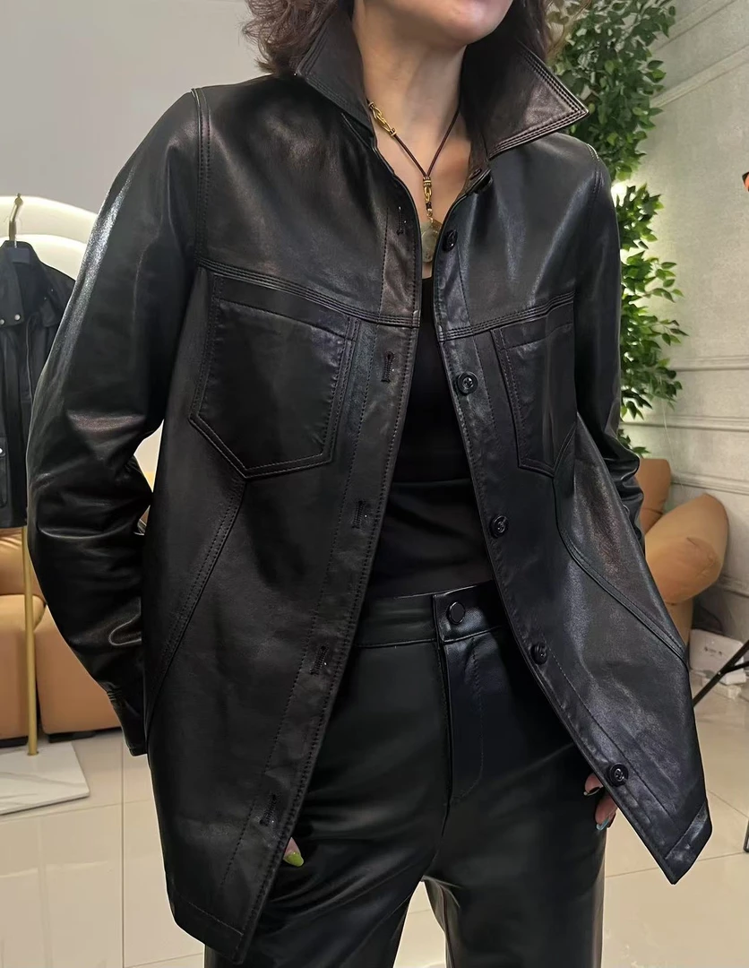 宾姐服饰 款号（2519）2025年早春新款洋气百搭时尚真皮绵羊皮衬衫