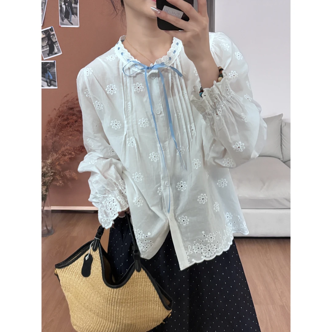 DL583#碎花刺绣绑带设计感减龄小衫